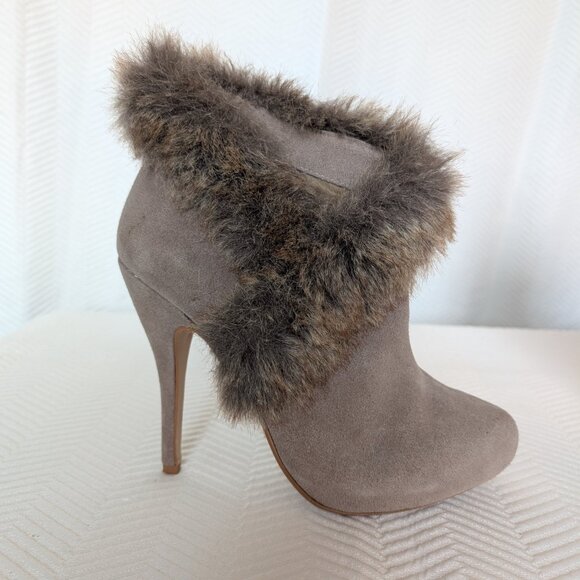 Colin Stuart Suede Faux Fur Stiletto Booties Y2K Size 8 New Neutral - Picture 12 of 13